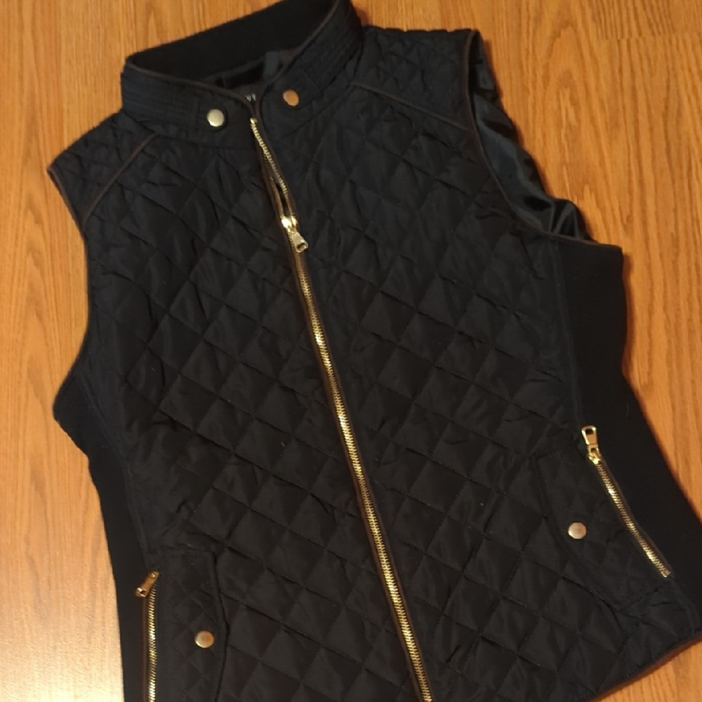 Love Tree Black Quilted Vest with Gold Accents
